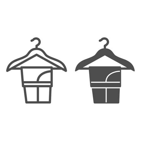 Washed trousers on clothes hanger line and solid icon, dry cleaning concept, pants on hanger vector sign on white background, outline style icon for mobile concept and web design. Vector graphics.のイラスト素材