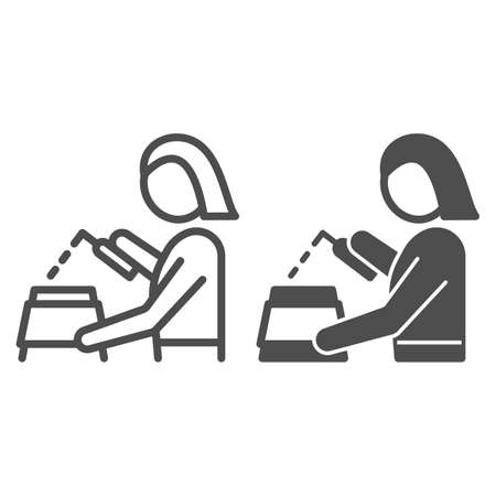 Woman apply cleaning agent line and solid icon, dry cleaning concept, employee put detergent vector sign on white background, outline style icon for mobile concept and web design. Vector graphics.のイラスト素材