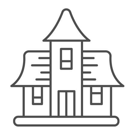 Haunted house, abandoned building, cursed mansion thin line icon, halloween concept, manor vector sign on white background, outline style icon for mobile concept and web design. Vector graphics.のイラスト素材