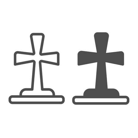 Grave cross, tombstone, halloween, cemetary line and solid icon, halloween concept, headstone vector sign on white background, outline style icon for mobile concept and web design. Vector graphics.のイラスト素材