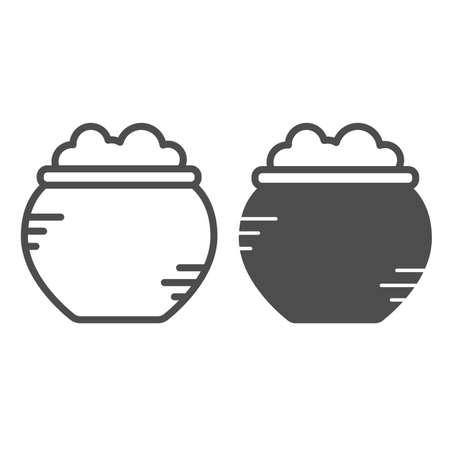 Pot with potion, witch cauldron line and solid icon, halloween concept, magic boiler vector sign on white background, outline style icon for mobile concept and web design. Vector graphics.のイラスト素材