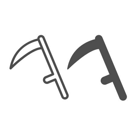 Halloween Death scythe, reaper weapon line and solid icon, halloween concept, blade, steel vector sign on white background, outline style icon for mobile concept and web design. Vector graphics.のイラスト素材