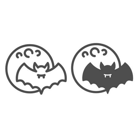 Full moon and bat, vampire, halloween line and solid icon, halloween concept, horror night vector sign on white background, outline style icon for mobile concept and web design. Vector graphics.のイラスト素材