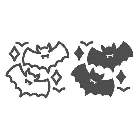 Two bat and stars, vampire, halloween line and solid icon, halloween concept, horror night vector sign on white background, outline style icon for mobile concept and web design. Vector graphics.のイラスト素材