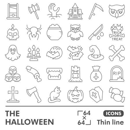 Halloween line icon set, All Saints Eve symbols collection or sketches. Horror night thin line linear style signs for web and app. Vector graphics isolated on white background.のイラスト素材