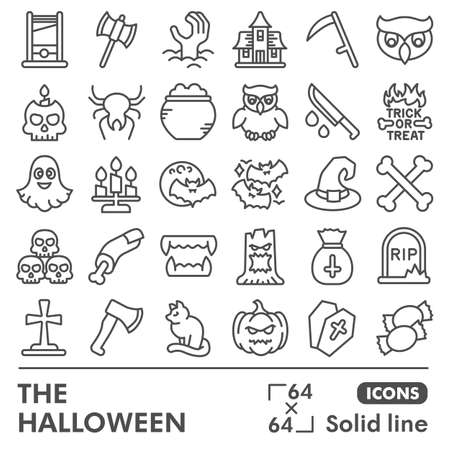 Halloween line icon set, All Saints Eve symbols collection or sketches. Horror night solid line linear style signs for web and app. Vector graphics isolated on white background.のイラスト素材