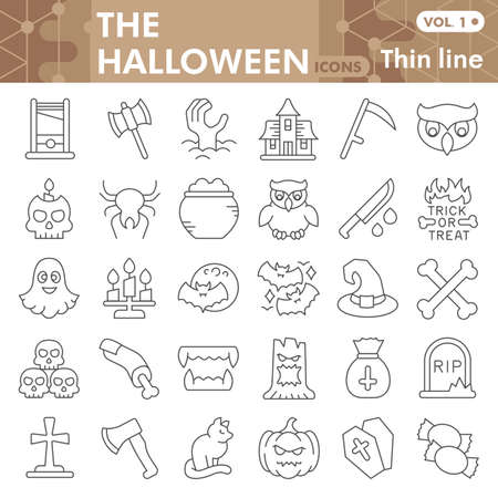 Halloween line icon set, All Hallows Eve symbols collection or sketches. Horror night thin line linear style signs for web and app. Vector graphics isolated on white background.のイラスト素材