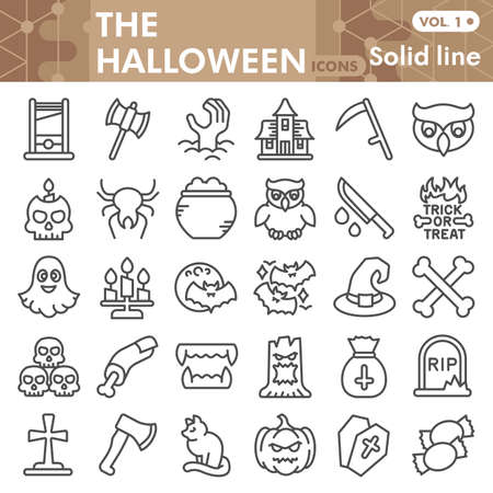 Halloween line icon set, All Hallows Eve symbols collection or sketches. Horror night solid line linear style signs for web and app. Vector graphics isolated on white background.のイラスト素材