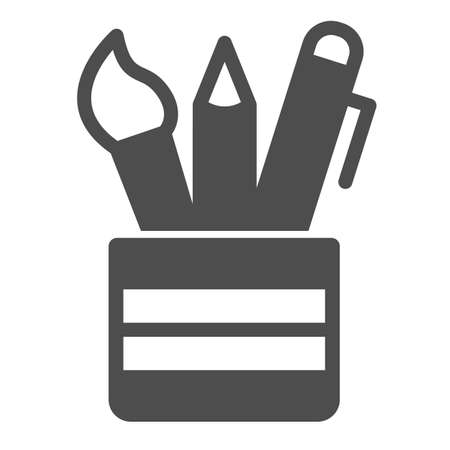 Open pencil case, brush, pen, pencil, school solid icon, education concept, stationery vector sign on white background, glyph style icon for mobile concept and web design. Vector graphics.のイラスト素材