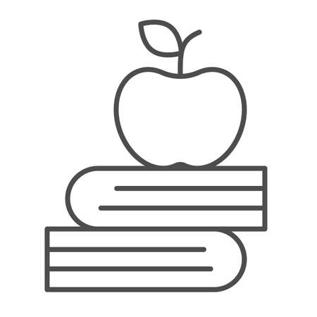 Book stack and apple, knowledge, study, learn thin line icon, education concept, reading vector sign on white background, outline style icon for mobile concept and web design. Vector graphics.のイラスト素材