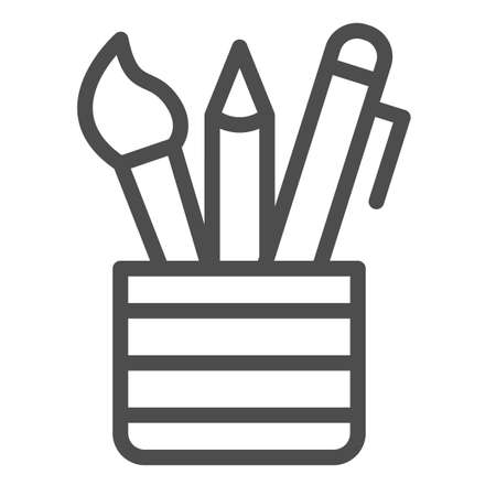 Open pencil case, brush, pen, pencil, school line icon, education concept, stationery vector sign on white background, outline style icon for mobile concept and web design. Vector graphics.のイラスト素材