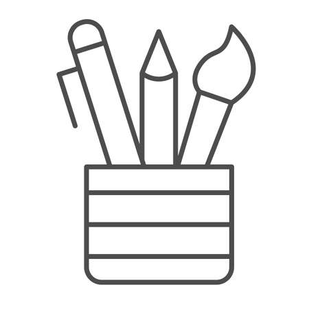 Open pencil case, brush, pen, pencil, school thin line icon, education concept, stationery vector sign on white background, outline style icon for mobile concept and web design. Vector graphics.のイラスト素材