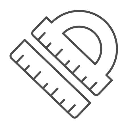 Protractor and ruler, school stationery, draw thin line icon, education concept, geometry vector sign on white background, outline style icon for mobile concept and web design. Vector graphics.のイラスト素材