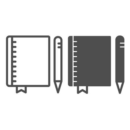 Notebook and pen, copybook, drawing block, notepad line and solid icon, education concept, pad vector sign on white background, outline style icon for mobile concept and web design. Vector graphics.のイラスト素材