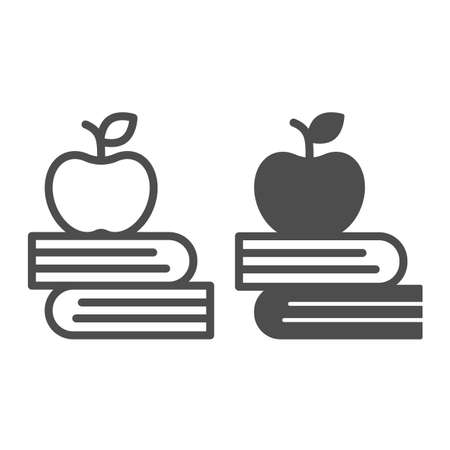 Book stack and apple, knowledge, study, learn line and solid icon, education concept, reading vector sign on white background, outline style icon for mobile concept and web design. Vector graphics.のイラスト素材
