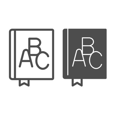 Book with ABC, textbook, dictionary, alphabet line and solid icon, education concept, reading vector sign on white background, outline style icon for mobile concept and web design. Vector graphics.のイラスト素材