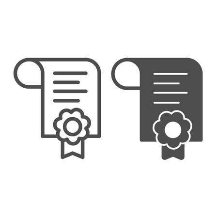Certificate with wax seal and ribbon, document line and solid icon, education concept, letter vector sign on white background, outline style icon for mobile concept and web design. Vector graphics.のイラスト素材