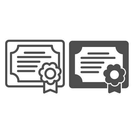 Certificate, school diploma, document line and solid icon, education concept, attestation vector sign on white background, outline style icon for mobile concept and web design. Vector graphics.のイラスト素材