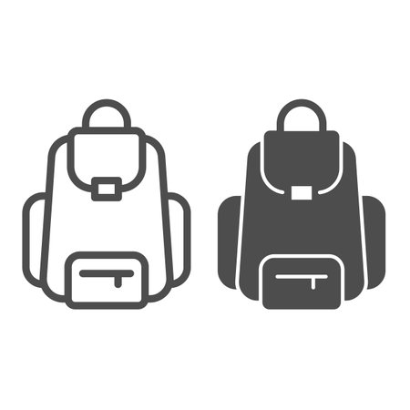 School bag with pockets, backpack, hiking line and solid icon, education concept, rucksack vector sign on white background, outline style icon for mobile concept and web design. Vector graphics.のイラスト素材