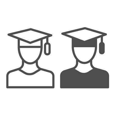 Student wearing graduate hat, academic graduation line and solid icon, education concept, cap vector sign on white background, outline style icon for mobile concept and web design. Vector graphics.のイラスト素材