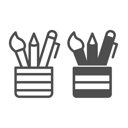 Open pencil case, brush, pen, pencil, school line and solid icon, education concept, stationery vector sign on white background, outline style icon for mobile concept and web design. Vector graphics.のイラスト素材
