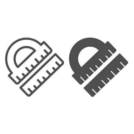 Protractor and ruler, school stationery, draw line and solid icon, education concept, geometry vector sign on white background, outline style icon for mobile concept and web design. Vector graphics.のイラスト素材