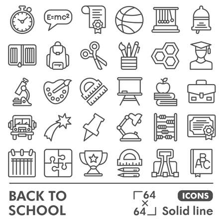 Back to school line icon set, education symbols collection or sketches. Learning, studying, solid line linear style signs for web and app. Vector graphics isolated on white background.のイラスト素材