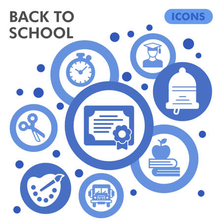 Modern school Infographic design template. Education inphographic visualization with eight steps bubble design on blue background. Studying template for presentation. Creative vector illustration.のイラスト素材