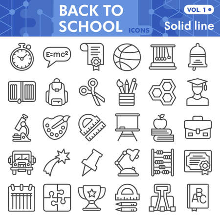 Back to school line icon set, education symbols collection or sketches. Learning solid line linear style signs for web and app. Vector graphics isolated on white background.のイラスト素材