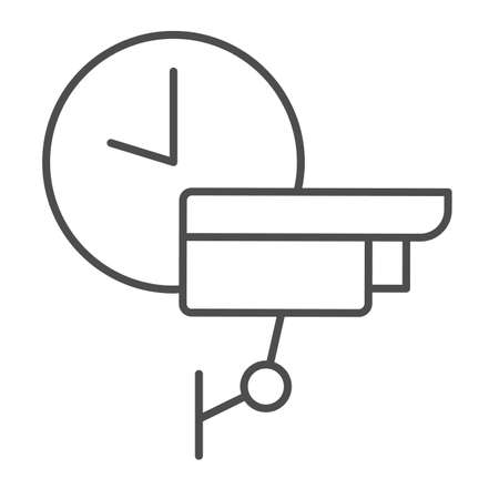 Wall mounted surveillance camera and clock, protection thin line icon, CCTV concept, safe vector sign on white background, outline style icon for mobile concept and web design. Vector graphics.のイラスト素材