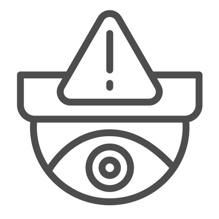 Ceiling surveillance camera with exclamation sign line icon, CCTV concept, alert vector sign on white background, outline style icon for mobile concept and web design. Vector graphics.のイラスト素材
