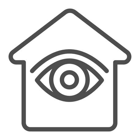House with eye, under surveillance, security line icon, CCTV concept, home safety vector sign on white background, outline style icon for mobile concept and web design. Vector graphics.のイラスト素材