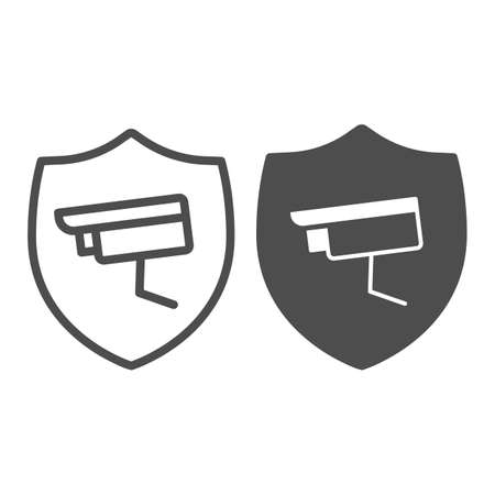 Surveillance camera, shield, protection, security, cctv line and solid icon, CCTV concept, safe vector sign on white background, outline style icon for mobile concept and web design. Vector graphics.のイラスト素材
