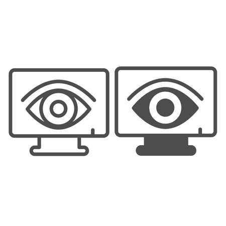 Monitor monoblock, security, eye, observervation line and solid icon, CCTV concept, data safety vector sign on white background, outline style icon for mobile concept and web design. Vector graphics.のイラスト素材