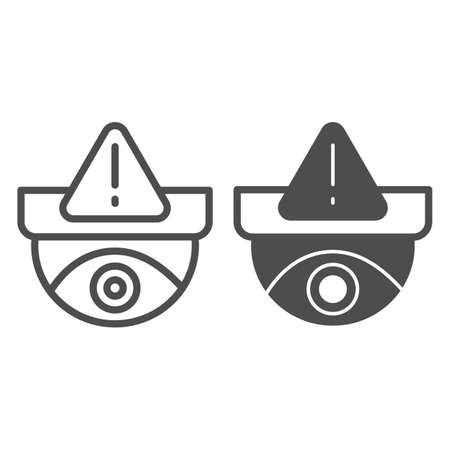 Ceiling surveillance camera with exclamation sign line and solid icon, CCTV concept, alert vector sign on white background, outline style icon for mobile concept and web design. Vector graphics.のイラスト素材