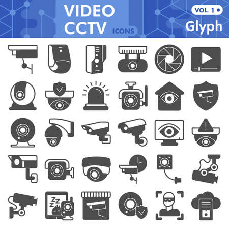 Video cctv line icon set, security symbols collection or sketches. Surveillance camera, glyph linear style signs for web and app. Vector graphics isolated on white background.のイラスト素材