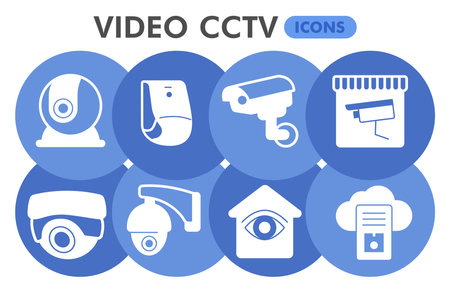 Modern video cctv Infographic design template. Surveillance camera inphographic visualization with eight steps circle design on blue background. Security template for presentation. Creative vector.のイラスト素材
