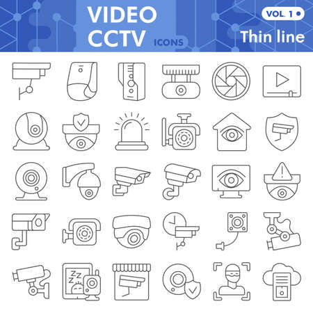 Video cctv line icon set, security symbols collection or sketches. Surveillance camera, thin line linear style signs for web and app. Vector graphics isolated on white background.のイラスト素材