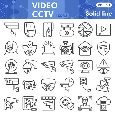 Video cctv line icon set, security symbols collection or sketches. Surveillance camera, solid line linear style signs for web and app. Vector graphics isolated on white background.のイラスト素材