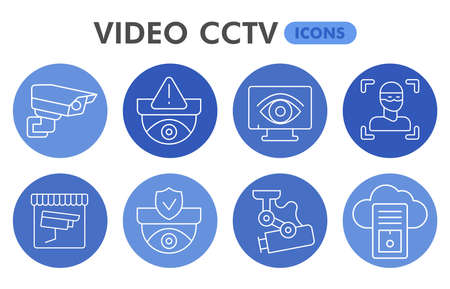 Modern video cctv Infographic design template. Surveillance camera inphographic visualization with eight steps circle design on blue background. Monitoring template for presentation. Creative vector.のイラスト素材