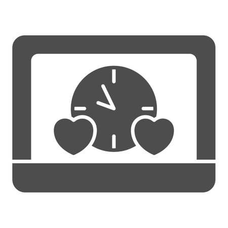 Laptop, hearts, clock, dating site, chat online solid icon, speed dating concept, date vector sign on white background, glyph style icon for mobile concept and web design. Vector graphics.のイラスト素材