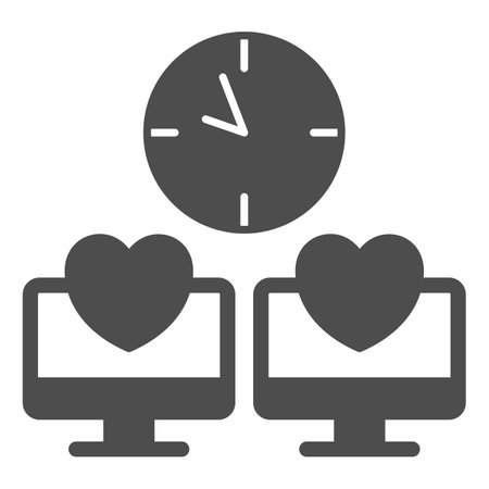 Monitor, hearts, clock, dating web site online solid icon, dating concept, online date vector sign on white background, glyph style icon for mobile concept and web design. Vector graphics.のイラスト素材