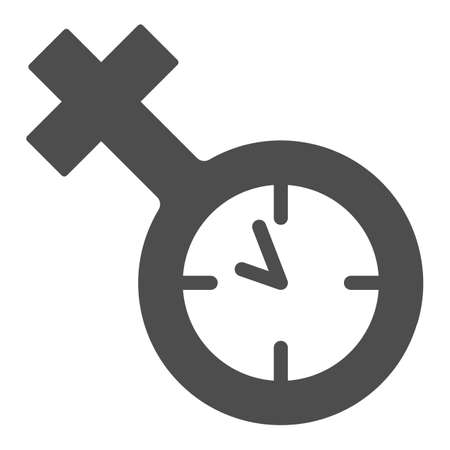 Feminine beginning, female symbol, clock, watch solid icon, dating concept, timepiece vector sign on white background, glyph style icon for mobile concept and web design. Vector graphics.のイラスト素材