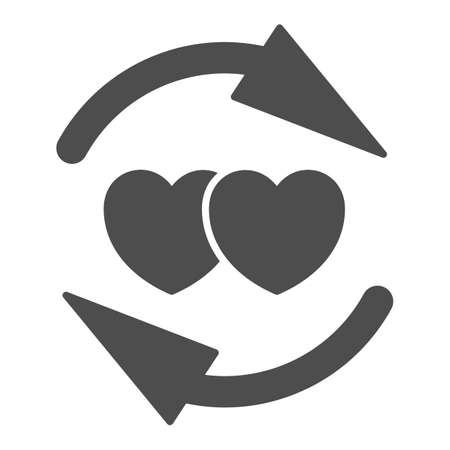 Two hearts, arrow, synchronization, whirl, spinning solid icon, dating concept, love vector sign on white background, glyph style icon for mobile concept and web design. Vector graphics.のイラスト素材