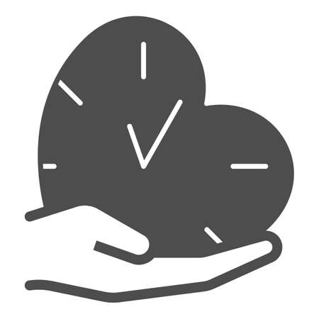 Clock, watch, heart shape, palm, hand, love time solid icon, dating concept, timepiece vector sign on white background, glyph style icon for mobile concept and web design. Vector graphics.のイラスト素材