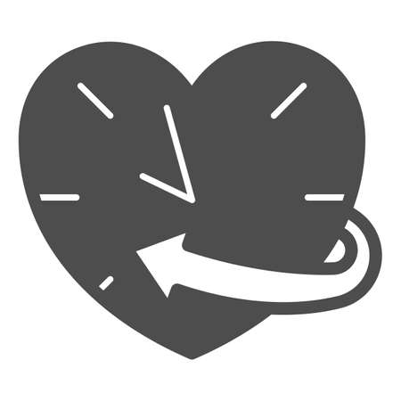 Clock, watch, heart shaped, arrow solid icon, dating concept, timepiece vector sign on white background, glyph style icon for mobile concept and web design. Vector graphics.のイラスト素材