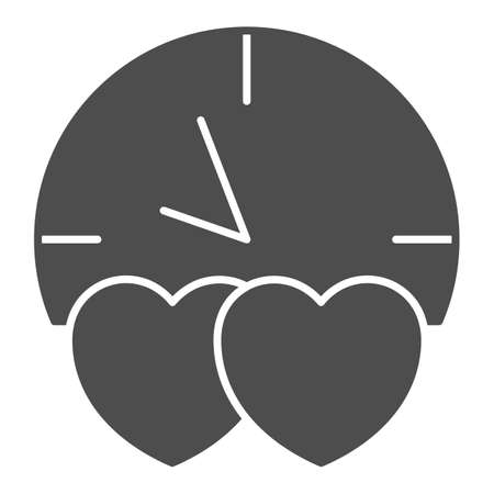 Clock, two hearts, speed date, lovely time solid icon, speed dating concept, in love vector sign on white background, glyph style icon for mobile concept and web design. Vector graphics.のイラスト素材