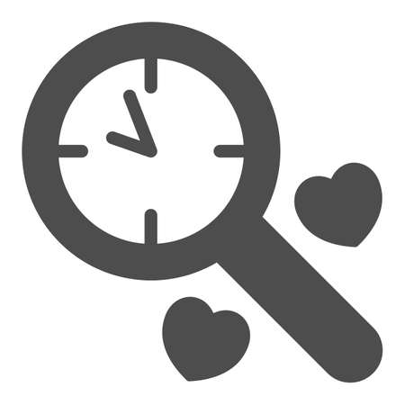 Clock, watch, heart, loupe, love, magnifying glass solid icon, dating concept, time vector sign on white background, glyph style icon for mobile concept and web design. Vector graphics.のイラスト素材