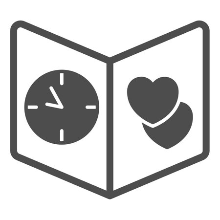 Opened book with clock and hearts, card, postal solid icon, dating concept, postcard vector sign on white background, glyph style icon for mobile concept and web design. Vector graphics.のイラスト素材