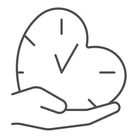 Clock, watch, heart shape, palm, hand, love time thin line icon, dating concept, timepiece vector sign on white background, outline style icon for mobile concept and web design. Vector graphics.のイラスト素材